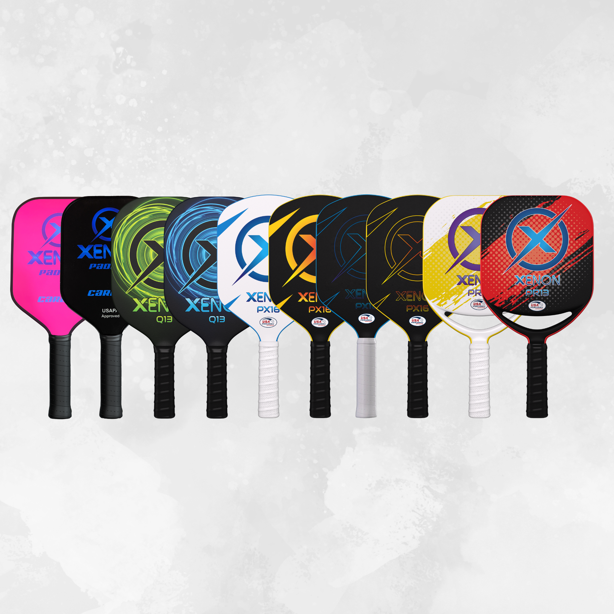A series of our ten pickleball paddles we currently offer.