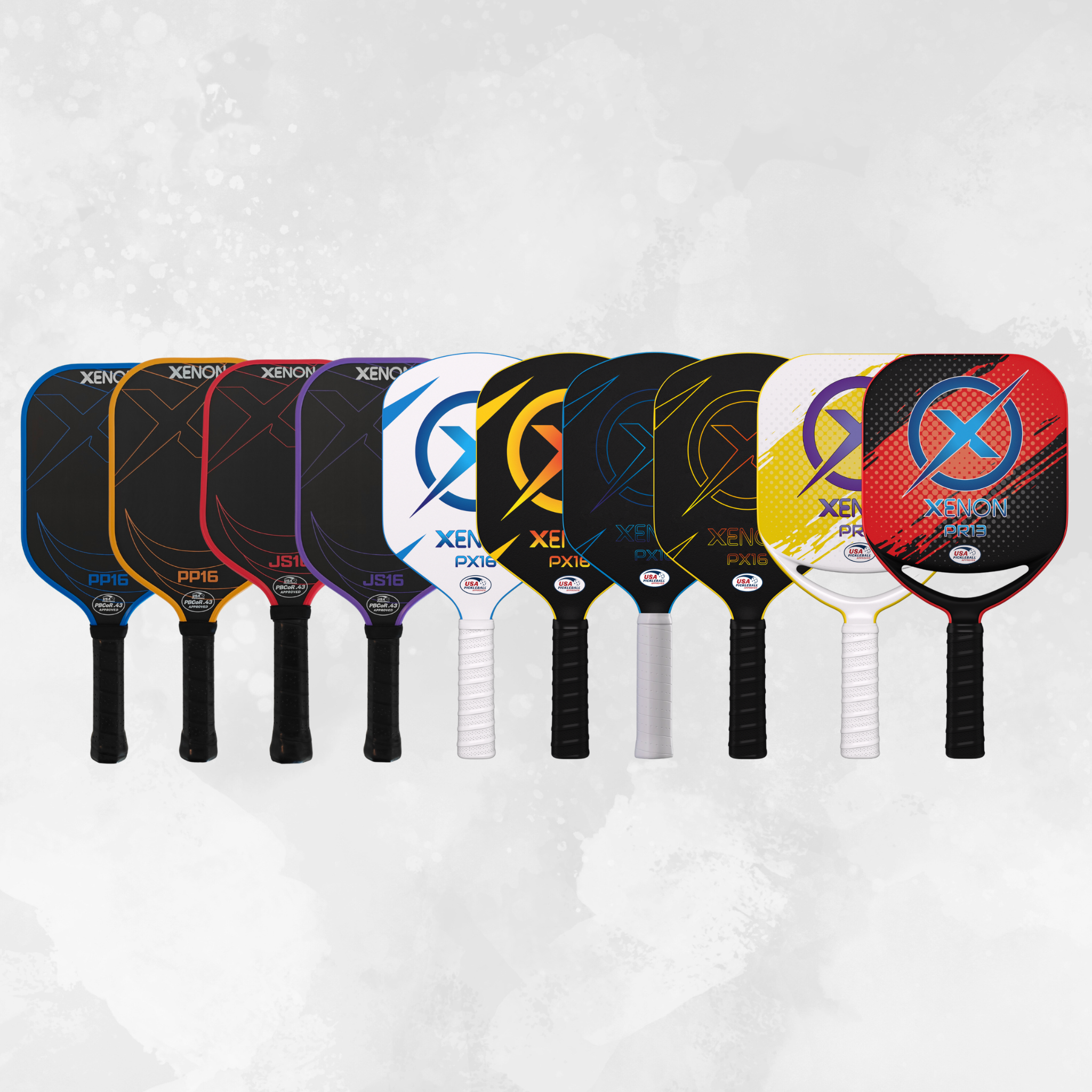 A series of our ten pickleball paddles we currently offer.